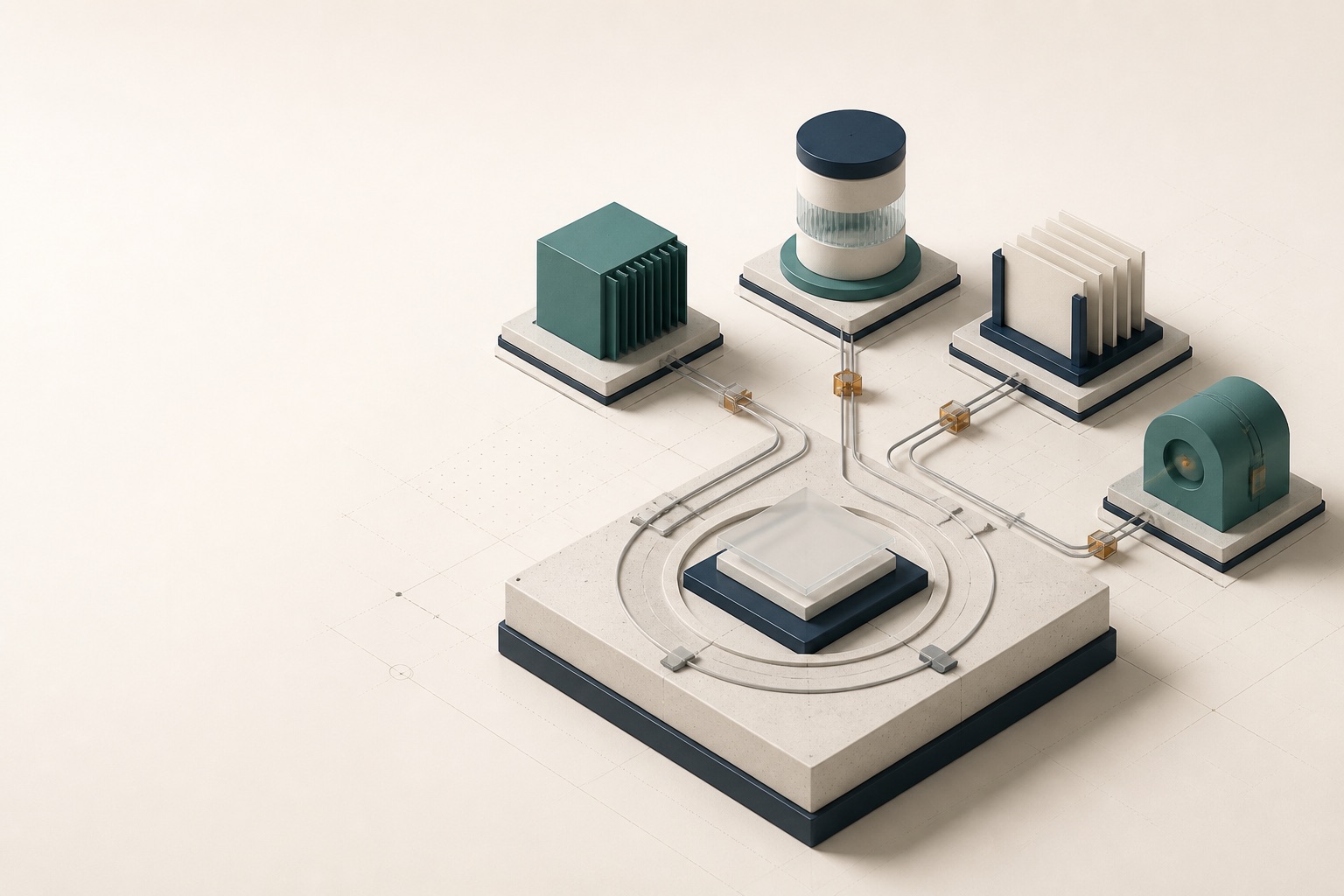 Four distinct operational systems connected to a shared controlled foundation